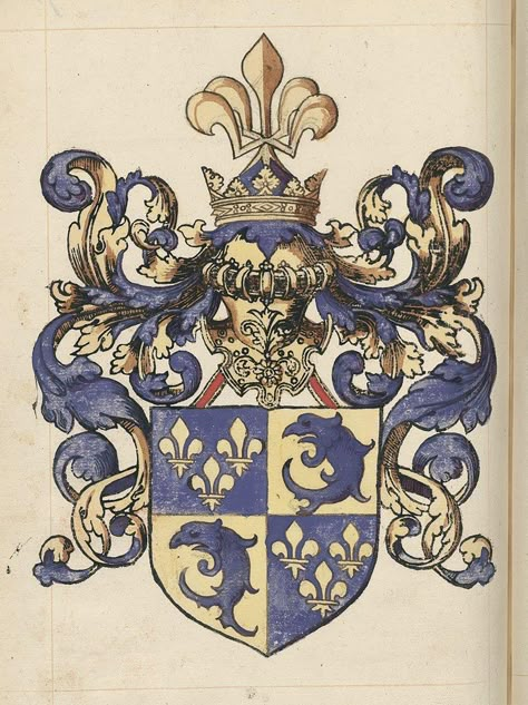 Arms of the Dauphin of France — from the 16th c. French manuscript, Grand armorial colorié, dont les blasons sont rangés sous les rubriques suivantes.  Arms by Alexandre Leblancq. Bee Heraldry, Fantasy Heraldry, Heraldic Unicorn, French Heraldry, Heraldic Shield, Heraldry Design, Coat Of Arm, Illuminated Manuscript, 판타지 아트