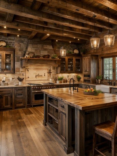 Rustic Kitchen Design, Cabin Kitchens, Farmhouse Kitchen Design, Rustic Farmhouse Kitchen, Rustic Home Design, Cabin Homes, Wood Kitchen, Rustic Kitchen, Dream Home Design