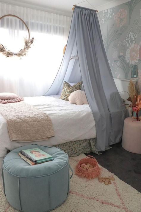 Kids bedroom and Nursery Canopy - Grey drape Girls Bedroom Canopy, Canopy Over Bed, Girls Bed Canopy, Kids Bed Canopy, Bed Net, Canopy Bed Diy, Girl Room Inspiration, Canopy Bedroom, Big Girl Bedrooms