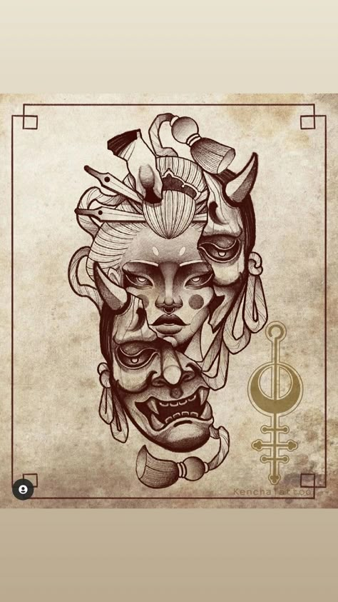 Japanese Three Faces Tattoo, Japanese 3 Faces Tattoo, Japanese Tattoo Art Japanese Tattoo Art Traditional, Neo Japanese Tattoo Designs, Orientalism Art Tattoo, Neo Japanese Tattoo, Japanese Demon Tattoo, Traditional Japanese Tattoo Flash, Oni Mask Tattoo