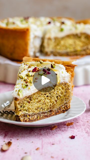 Moist Pistachio Cake, Pistachio Baklava Cheesecake, Baklava Recipe With Pistachios, Baklava Cake, Honey Pistachio Baklava Cheesecake, Pistachio Rose Baklava, Baklava Cheesecake Mediterranean Dish, Honey Mascarpone, Philo Dough