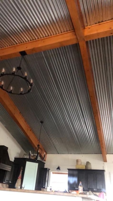 Corigated Metal Ceiling, Cabin Walls Interior, Basement Ceiling Tiles, Corrugated Metal Ceiling, Ranch Barndominium, Ceiling Tiles Ideas, Tin Ceiling Kitchen, Corrugated Tin Ceiling, Ceiling Tile Ideas