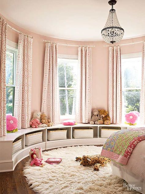 One little girl’s bedroom in the top of the original turret dresses up in soft… Bay Window Treatments, Bay Window Curtains, Bow Window, Bedroom White, Reading Nooks, Ideas Hogar, Girl Bedroom Designs, Girl Reading, White Bedroom