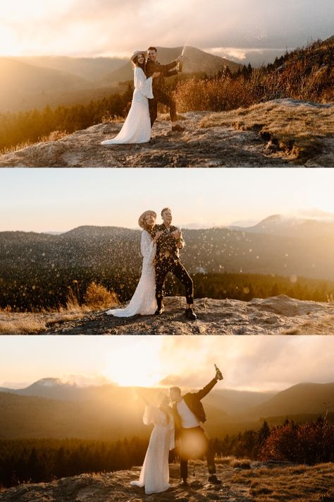 Fall mountain top elopement, golden hour champagne popping with the bride and groom | North Carolina wedding photographer - Kayli LaFon Photography | Leather jacket, sparkly dress, hat, doc martens, and boho bouquet #radbrides #bohobride #stylishgroom #mountainelopement Wedding Photography Champagne, Boho Mountain Elopement, Mountain Top Elopement Photography, Golden Hour Elopement, Boho Elopement Photography, Fall Mountain Wedding Dress, Fall Elopement Photography, Champagne Elopement, Mountain Elopement Photos