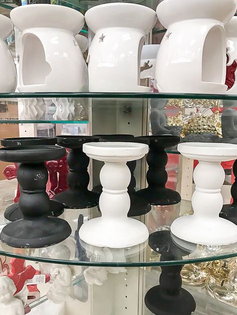 Candle Pedestal Ideas, Diy Pillar Candle Holders Dollar Stores, Diy Candle Pedestal, Diy Pillar Candle Holders, Farmhouse Sayings, Pedestal Candle Holders, Candle Holder Makeover, Dollar Store Candlesticks, Making Candle Holders