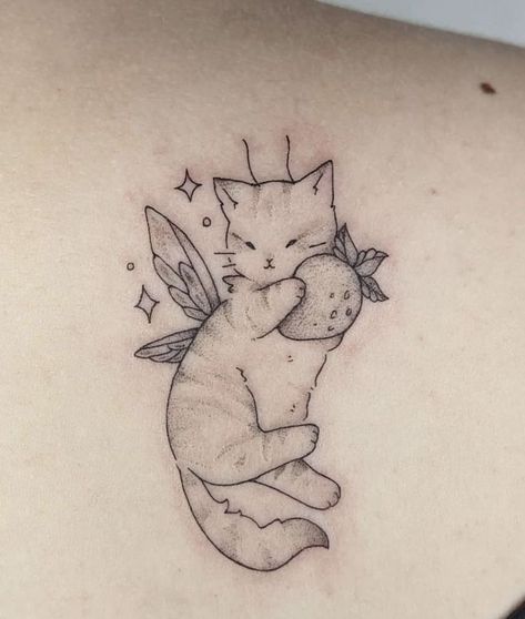 Cat With Strawberry Tattoo, Angel Kitten Tattoo, Fairy Animal Tattoo, Fairy Cat Tattoo, Cat Scratch Tattoo, White Cat Tattoo, Matching Cat Tattoos, Scratch Tattoo, Soft Tattoo