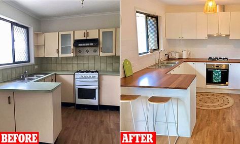 Mother shows off her incredible $5,000 kitchen renovation with EVERYTHING bought from Bunnings | Daily Mail Online 1980s Kitchen, Before And After Home, Home Makeovers, Budget Kitchen Remodel, Cooking Area, Kitchen On A Budget, Kitchen Reno, Kitchen Renovation, New Kitchen