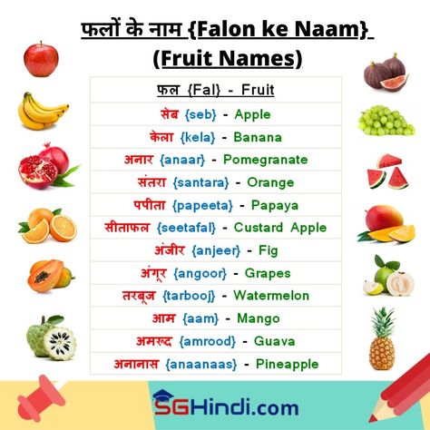 Fruits Name In Hindi, Fruits Name List, Fruit Chart, Hindi Letters, Hindi Lessons, Punjabi Books, Hindi Learning, Punjabi Language, Grammar Chart