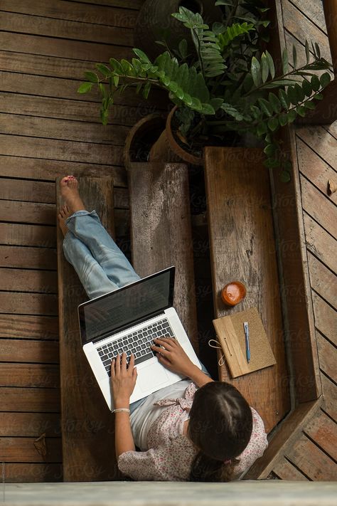 "Overhead Shot Of A Woman Sitting On The Stairs And Working" by Stocksy Contributor "Mosuno" Remote Work Photography, Work From Anywhere Aesthetic, Remote Work Aesthetic, Work Remote, Working Outside, Remote Working, Finance Jobs, Women Working, Working Women