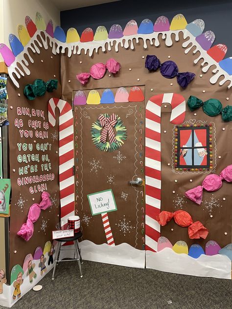 Gingerbread House Door Decorations Diy, Ginger Bread Hallway Decorations, Window Christmas Decor Ideas School, Candyland Christmas Decorations Office, Decorating Class Doors For Christmas, Christmas Classroom Door Ideas High School, Diy Gingerbread Candy Decorations, Candyland Door Decor, Classroom Hallway Christmas Decorations