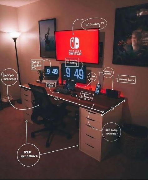 Ikea Gaming Desk, Ikea Alex Desk, Tv Wall Decor Living Room, Gaming Setup Ideas, Gaming Desk Setup, Best Gaming Setup, Small Computer Desk, Desktop Setup, Tv Wall Decor