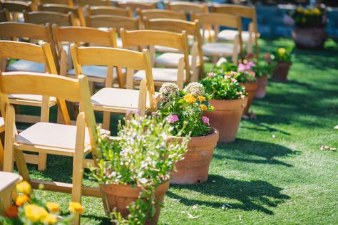 Potted Plants Ceremony Aisle, Wedding With Potted Plants, Flowers In Terracotta Pots Wedding, Wedding Planters Flower Pots, Potted Aisle Flowers, Potted Plant Wedding Aisle, Wedding Aisle Potted Plants, Wedding Potted Flowers, Wedding Terracotta Pots