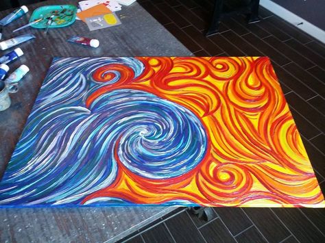 Acrylic Painting. Fire and Water By DP Art Water And Fire Painting, Fire And Ice Painting, Fire And Water Drawing, Fire Painting Acrylic Easy, Fire And Ice Drawing, Fire And Water Art, Acrylic Paint On Fabric, Painting Fire, Ice Painting