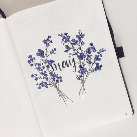 Joyce 🌸🌱✨ on Instagram: “Full view of my May cover page 💫 It takes forever to draw the details of forget-me-nots but it’s definitely worth it! 💙 What should I post…” May Cover Page, Bullet Journal Month, Bullet Journal 2020, Bullet Journal 2019, Bullet Journal Cover Page, Bullet Journal Notes, Bullet Journal Paper, Bullet Journal Mood, Bullet Journal Aesthetic