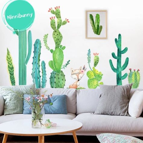 Wall Decals Nursery, Living Room Murals, Large Wall Decals, Floral Wall Decals, Cactus Wall, Mini Cactus, Tropical Home Decor, Tropical Green, Green Home Decor