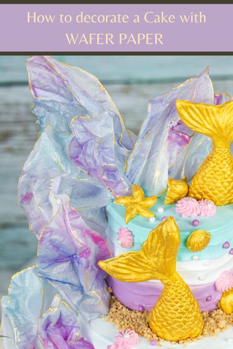 colorful wafer paper waves on a mermaid cake Wafer Paper Cake Decoration, Paper Waves, Fishtail Tutorial, Wave Cake, Waves Tutorial, Wafer Paper Cake, Wonton Wrappers, Mermaid Cakes, Wafer Paper