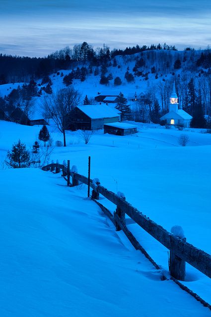 Blue hour in winter, Village of East Corinth, Vermont. Head to theculturetrip.co... for everything a traveller needs to know about Vermont. Vermont Winter, Winter Favorites, Winter Village, Birthday Trip, Winter Painting, Country Scenes, Winter Magic, Winter Scenery, Winter Beauty