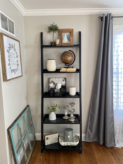 Ladder Shelf Black, Black Ladder Shelf Decor, Living Room Empty Space Ideas, Hobby Lobby Living Room, Living Room Empty, Bedroom Nightstand Decor, Townhouse Decor, Ladder Shelf Decor, Shelf Decorating