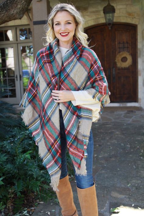 Plaid Blanket Scarf Outfit, Blanket Scarf Outfit, Erin Busbee, Poncho Blanket, How To Wear A Blanket Scarf, Busbee Style, White Cashmere Sweater, Ways To Wear A Scarf, How To Wear A Scarf