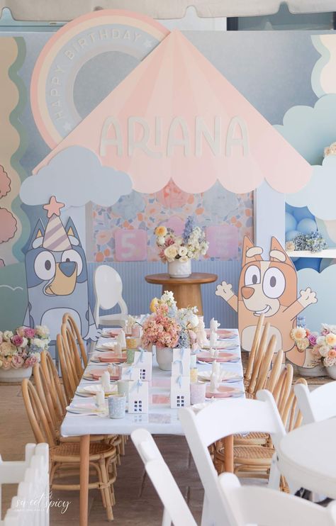 Bluey / Birthday "Bluey Birthday Party" | Catch My Party Bluey Birthday Party Decorations Girl, Bluey Toddler Birthday Party, Bluey Birthday Decor, Girl Bluey Birthday Party, Twoey Bluey Birthday, Bluey Girls Birthday Party, Vintage Tea Party Birthday, Bluey Birthday Party Ideas, Fiesta Bluey