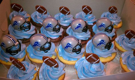 Detroit Lions cupcakes..football picks and helmets from PartyCity Detroit Lions Cupcakes, Detroit Lions Party, Lion Baby Shower Theme, Lion Cupcakes, Lion Birthday Party, Lion Party, Lion Baby Shower, Sports Baby Shower Theme, Lion Birthday