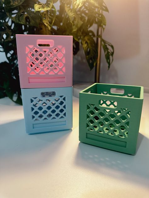 3d printed milk crates Dimensions:  3.25 x 3.25 x 3.25 Colors : Baby pink, light blue and green Unique 3d Printing Ideas, Aesthetic Things To 3d Print, Mini 3d Printer Ideas, Milk Crate Desk, 3d Printing Organization, Useful 3d Prints Products, 3d Printing Gift Ideas, Cute 3d Prints, 3d Printed Home Decor