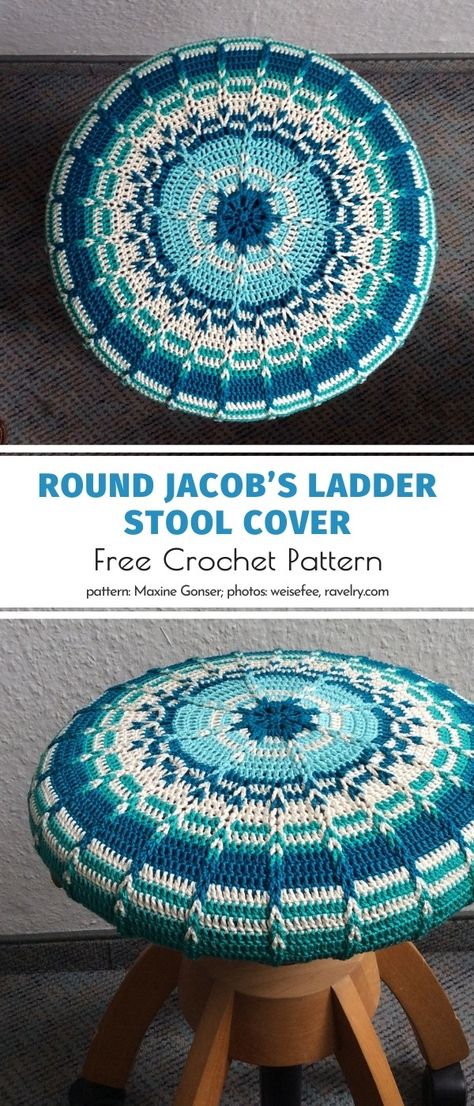 We are talking about an absolute classic today - the legendary pattern for a round crochet blanket called Round Jacob’s Ladder! In the article you will find a link to a free pattern for this amazing project. You will never feel blue with such beautifully decorated stools in your house, undoubtedly! If you want to do something original with today’s blanket pattern, here is the inspiration you need. #freecrochetpattern #crochetpattern #crochetbabyblanket #babyblanket Crochet Stool Cover Round, Crochet Stool Cover Pattern Free, Crochet Ottoman Cover, Crochet Pillow Round, Crochet Office Chair Cover, Crochet Ottoman Pattern Free, Crochet Seat Cushion, Crochet Seat Cover, Crochet Chair Cover