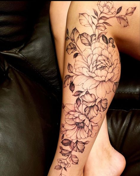 Womens Calf Tattoo Ideas Flowers, Floral Lower Leg Tattoos For Women, Floral Leg Piece Tattoo, Floral Tattoo Calf, Leg Sleeve Tattoos Female Flowers, Women Leg Sleeve Tattoo Ideas Flowers, Leg Sleeve Floral, Floral Lower Leg Tattoo, Peony Leg Sleeve Tattoo