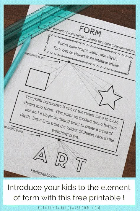 The element of form is what take a flat shape & makes it a 3-D form. Use this simple printable series to help teach form & all the elements of art! Op Art Lessons, The Elements Of Art, Middle School Art Projects, Elements And Principles, Art Basics, Art Worksheets, Form Art, Art Appliqué, Kids Art Class