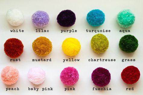 Yarn poms by color Boho Decor Party, Big Pom Pom, Hanging Pom Poms, Yarn Pom Poms, Color Knowledge, Pom Pom Flowers, Yarn Pom Pom, Pom Pom Garland, Hemp Fabric