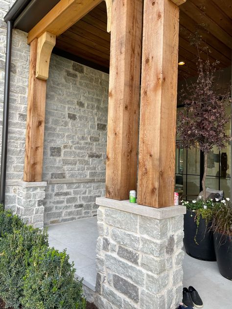 Stone And Wood Pillars, Columns With Stone Base, Porch With Pavers, Stone Porch Columns, Exterior Pillars, Wood Porch Columns, Front Yard Driveway, Home Exterior Styles, Wood Pillars