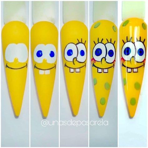 Spongebob Nails Easy, Spongebob Nail Art Step By Step, Sponge Bob Nail Designs, Spong Bob Nails, Step By Step Character Nail Art, Sponge Bob Nail Art, Cartoon Nails Disney, Nails Characters, Diy Claws