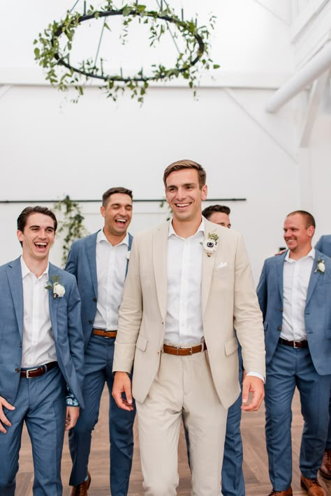 Men’s Wedding Suits Neutral, Groomsmen Ideas Attire, Mens Engagement Photo Outfits Fall, Mix Match Groomsmen Suits, Mexican Wedding Groomsmen, Beige Suit Men Wedding, Colorful Groomsmen, Tan Suit Wedding, Tan Groomsmen