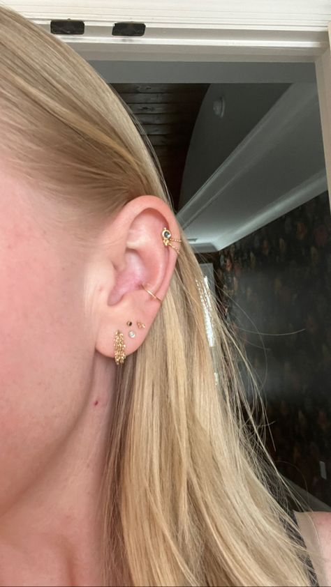 Ears Pirsing, Fully Pierced Ears, Double Mid Helix Piercing, Mid Helix Piercing, Double Helix Piercings, Curated Ears, Double Helix Piercing, Ear Styling, Earrings Piercings