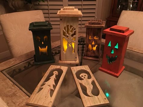 Large Wooden Lanterns Diy, Halloween Wood Lanterns Diy, Wood Christmas Lantern, Wood Pumpkin Lanterns Diy, Halloween Woodworking Projects, Halloween Wood Crafts To Sell, Wood Jack O Lantern Diy, Pumpkin Lanterns Diy, Halloween Wood Projects