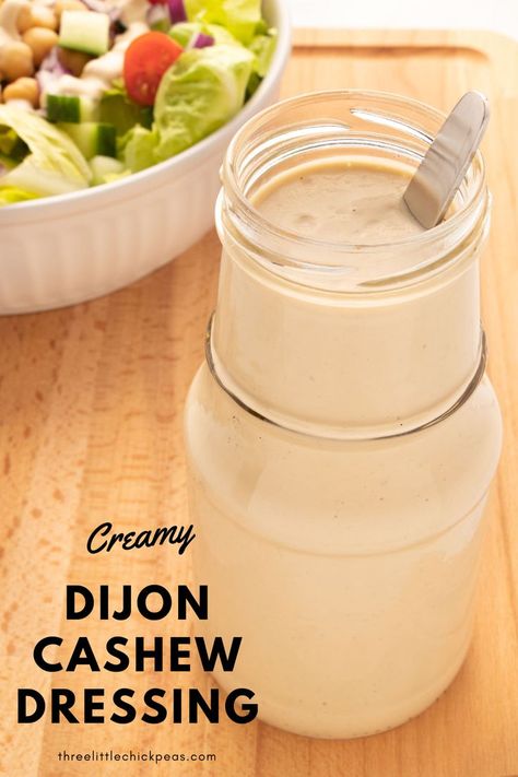 Dijon cashew dressing in a jar with a spoon. Cashew Cream Dressing, Cashew Butter Dressing, Vegan Salad Dressing Recipes, Vegan Dressings, Dairy Free Dressing, Oil Free Salad Dressing, Cashew Dressing, Creamy Dijon, Vegan Easter Recipes