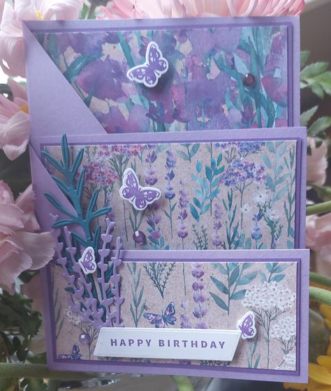 Cascading Card, Paper Mache Projects, Fancy Fold Card Tutorials, Purple Cards, Flower Paper, Fold Cards, Fancy Fold Cards, Card Tutorial, Fancy Folds