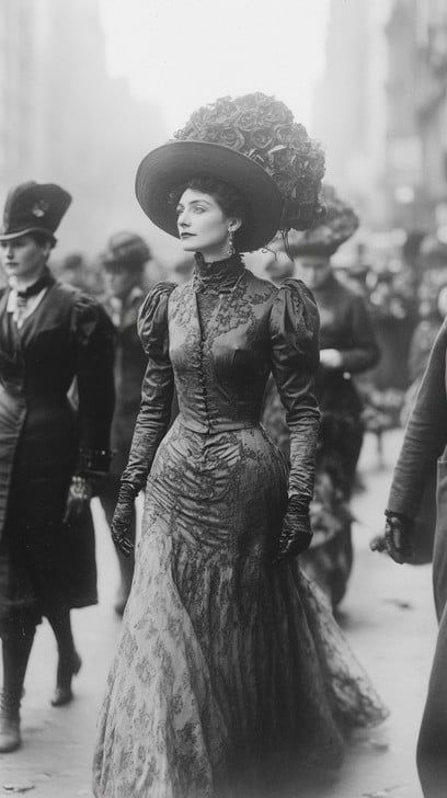 In a monochromatic snapshot of a bygone era, a woman exudes elegance and grace as she parades down a crowded street. Her Victorian era attire, featuring a tightly fitted bodice and a flowing skirt, is complemented by a spectacularly large and ornate hat adorned with flowers. Her confident pose and distant gaze suggest a story of sophistication in the midst of everyday city life, capturing the essence of historical fashion and societal norms. Victorian Era Photos, Hobble Skirt 1910, Victorian England Aesthetic Fashion, Industrial Era Fashion, Turn Of The Century Fashion, Women’s Vintage Fashion, 1840s Fashion Poor, Poor Victorian Clothes, Importance Of Being Earnest Aesthetic