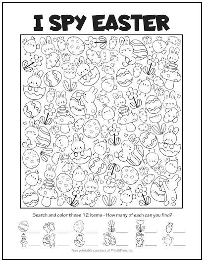 This free printable “I Spy” Easter-themed picture activity features bunnies, chicks, Easter eggs, flowers, and more. Have your child count each item and record the count below the picture, coloring each item as he counts. Not only are these “I Spy” activities fun, they’re educational! Spy Games For Kids, Easter Kindergarten, Easter Worksheets, Easter Math, Mothers Day Coloring Pages, I Spy Games, Swear Word Coloring Book, Easter Activities For Kids, Preschool Coloring Pages