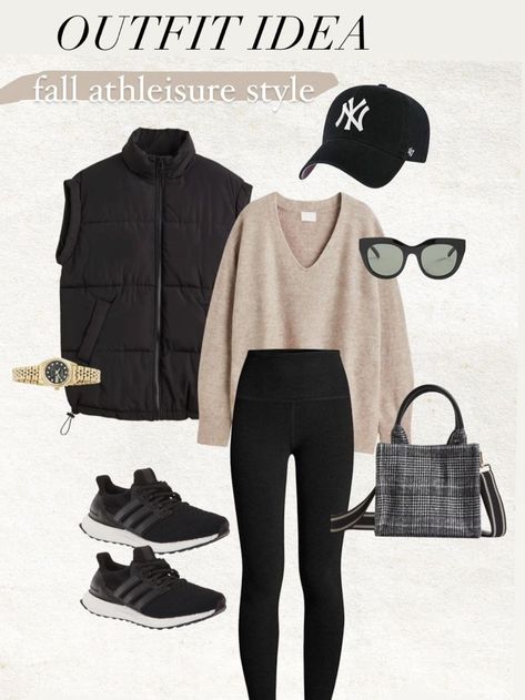 Classy Laid Back Style, Activewear Fall Outfits, Women’s Fall Athleisure, Mom Style Athleisure, Athleisure Vest Outfits, Athletileisure Outfits Women, Puffer Vest Outfit Inspiration, Neutral Outfit Ideas Casual Chic, Sport Leisure Outfit