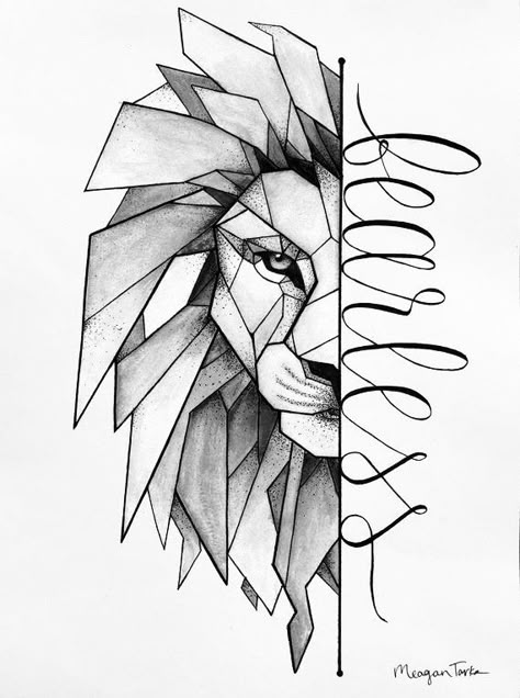 Loin Drawings, Lion Geometric Design, Geometric Lion Drawing, Lion Tattoo Geometric, Lion Sketches, Word Tattoos With Meaning, Trident Tattoo, Word Tattoo Ideas, Geometric Lion Tattoo