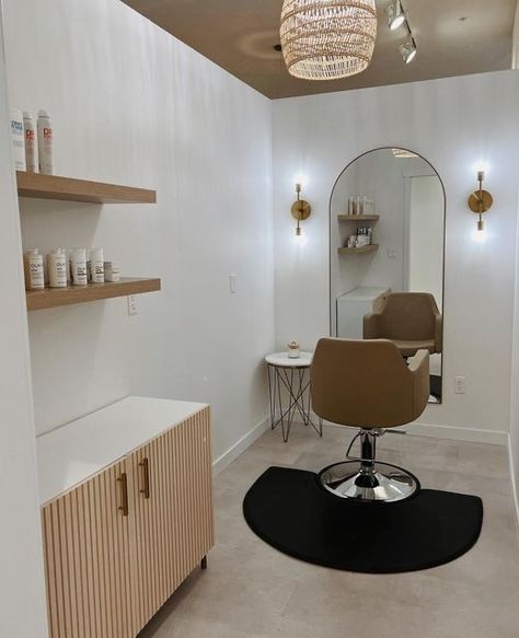 Salon Shed Interior, Salon Rental Space, Salon Suite Lighting Ideas, Garage To Salon Conversion, Earth Tone Salon Suite, House Salon Ideas Small Spaces, Home Hair Salon Ideas Small Diy, Small Room Salon Ideas, Tiny Home Salon