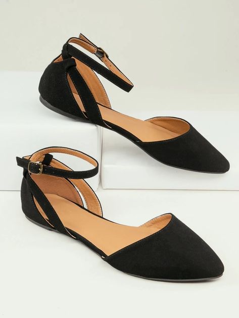 Classy Flats, Black Ballet Shoes, Dress Up Shoes, Pointy Flats, Work Shoes Women, Shoes Heels Classy, Shoes Hack, Heels Outfits, Ankle Strap Flats