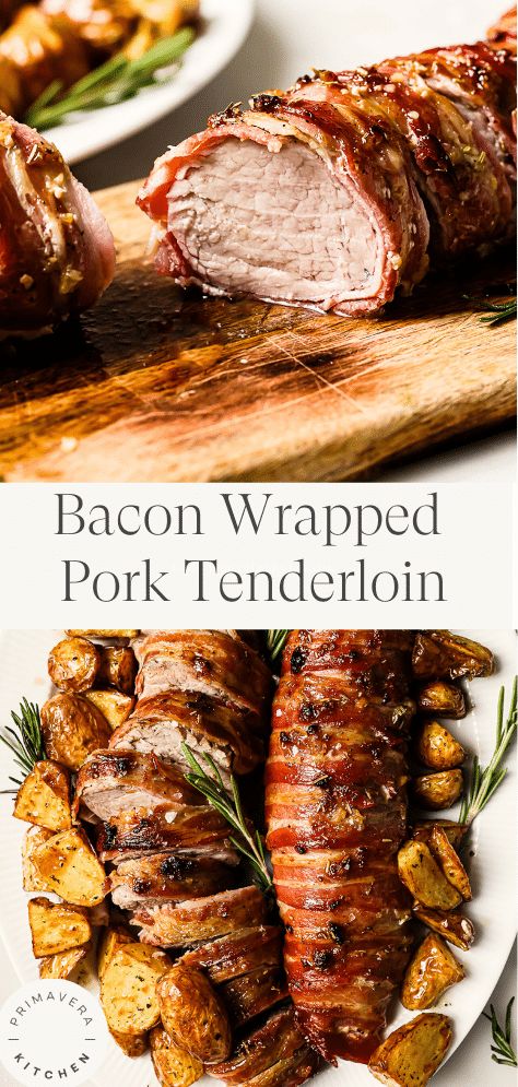 Let this delicious Bacon Wrapped Pork Tenderloin be the star of your holiday table this year! It’s ultra tender and flavorful on the inside with crispy bacon on the outside. Such a simple recipe that feels extra special! Bacon Wrapped Pork Loin, Wrapped Pork Tenderloin, Bacon Wrapped Sausages, Pork Tenderloin Oven, Easy Recipe Dinner, Bacon Wrapped Smokies, Bacon Wrapped Pork Tenderloin, Bacon Wrapped Pork, Wrapped In Bacon