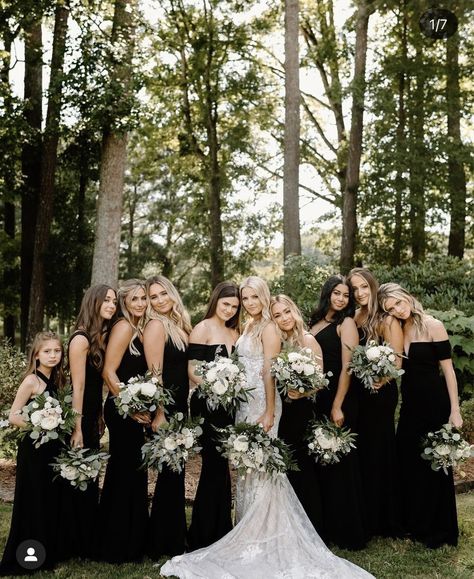 White Bridesmaid Dresses Black Wedding Dress, Wedding Party All Black Attire, Black Color Theme Wedding, Black Bridesmaid Dresses Outdoor Wedding, Black On Black Wedding Party, Bridal Party Wearing Black, White And Black Theme Wedding, Guest Wearing Black To Wedding, Black Wedding Dress White Bridesmaids