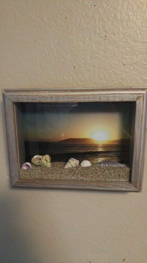 Beach shadow box                                                                                                                                                      More Beach Shadow Boxes, Shadow Box Ideas, Military Shadow Box, Diy Shadow Box, Beachy Decor, Diy Picture Frames, Vacation Memories, In Memory Of Dad, Shell Decor