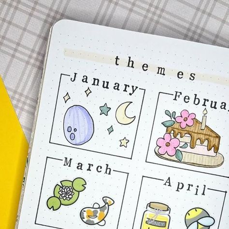 Tory | Creative Minds Coffee Grinds on Instagram: "BUJO THEMES FROM JAN-JUNE 2024 ✨ I love how this spread looks and I can’t wait to have an updated one in my new journal for all 12 months of the year 🥰 . ▶️ PLAN WITH ME || June 2024 Bullet Journal Setup 🔗 IN BI0 . 🏷️ Use my promo code CMCG15 for 15% off your order at hubmanchubgirl.store 🏷 Use my affiliate code CMCG10 for 10% off your order at archerandolive.com . #2024bulletjournal #junebulletjournal #junebujo #bulletjournal #bulletjournaling #bulletjournalsetup #bulletjournalideas #bulletjournalcommunity #bulletjournalspread #bulletjournalinspiration #bulletjournaljunkie #bulletjournaladdict #bulletjournalss #bujo #bujoinspiration #bujoideas #bujocommunity #bujodaily #bujoart #bujoaddict #bujolife #bujosetup" Bullet Journal Cover Page Year 2025, Bullet Journal 2025, 2025 Bullet Journal, Bujo Yearly Spread, Yearly Bullet Journal Spreads, 2025 Bujo, 2024 Bullet Journal, Bujo Themes, 12 Months Of The Year