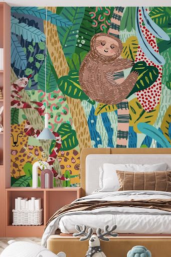 Tropical Rainforest Wallpaper, Rainforest Wallpaper, Kindergarten Wallpaper, Jungle Mural, Wallpaper Nursery, Kids Room Murals, Nursery Wall Murals, Animal Mural, World Map Art