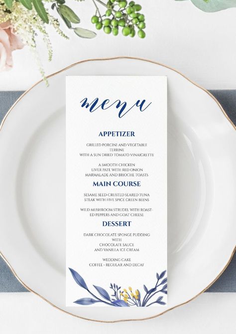 Blue Wedding Menu Printable Template, Dinner Menu Template, Edit yourself, DIY Wedding, Greenery, simple, Modern, Reception Diy Wedding Greenery, Free Printable Menu Template, Ice Cream Wedding, Dinner Menu Template, Free Printable Menu, Cream Wedding Cakes, Blue Menu, Printable Menu Template, Menu Printable