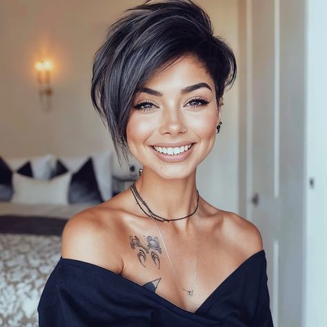 Short Hair Long Front Pieces, Short Hairstyle Women With Straight Hair, Womens Rocker Hair, Womens Haircuts Layers, Haircuts For Pregnant Women, Emily Anderson Hair, Edgy Dark Hair, Voluminous Pixie, Short Rocker Hairstyles For Women